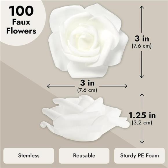 100 Pack White Artificial Flowers, Bulk Stemless Fake Foam Roses for Wedding 3in - Picture 2 of 6